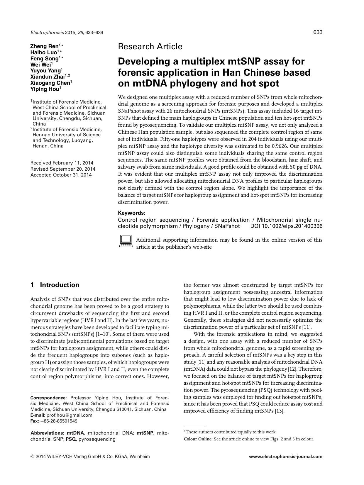 Developing a multiplex mtSNP assay for forensic application in Han Chinese based on mtDNA phylogeny and hot spot by Unknown