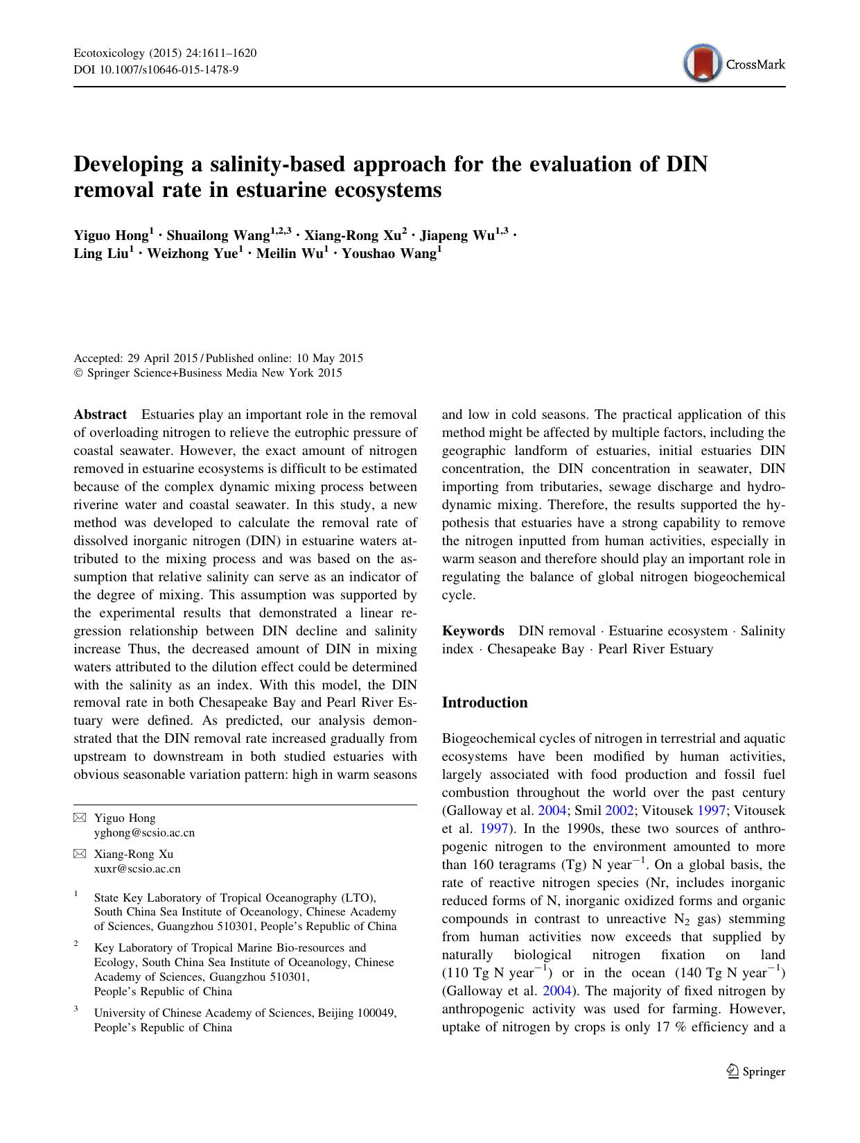 Developing a salinity-based approach for the evaluation of DIN removal rate in estuarine ecosystems by unknow