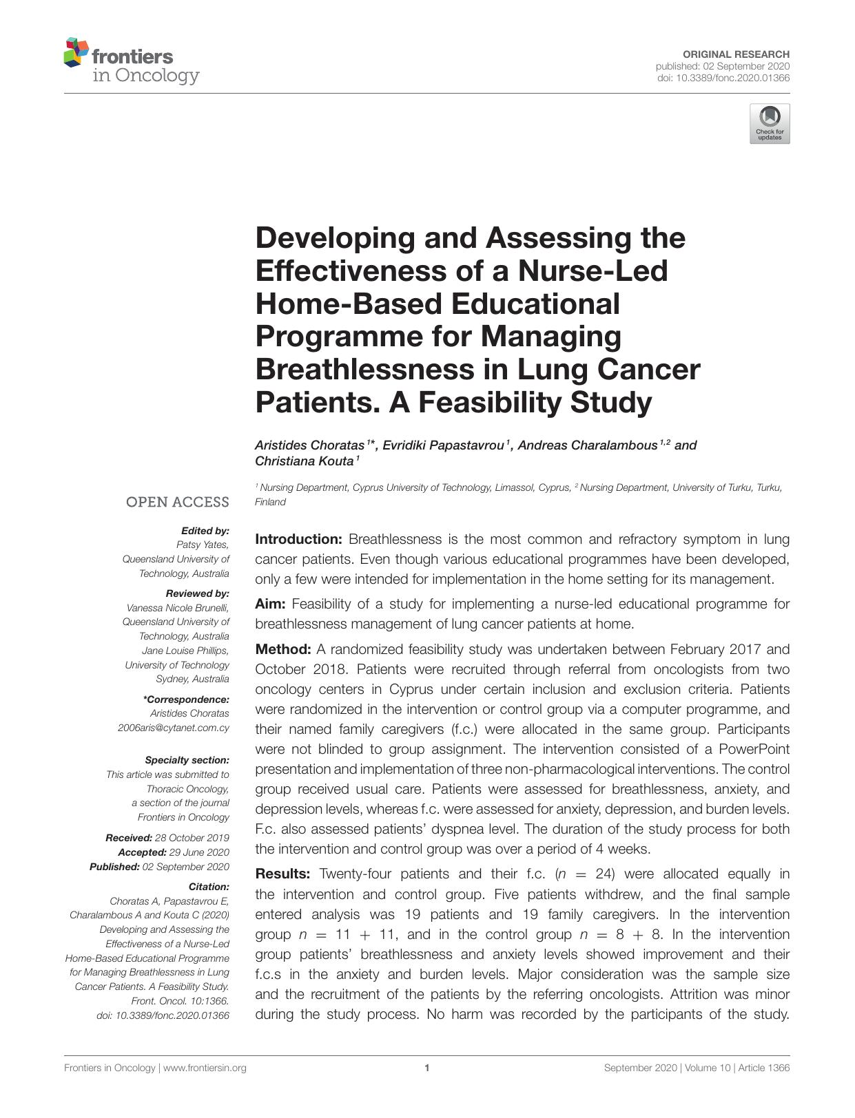 Developing and Assessing the Effectiveness of a Nurse-Led Home-Based Educational Programme for Managing Breathlessness in Lung Cancer Patients. A Feasibility Study by Aristides Choratas