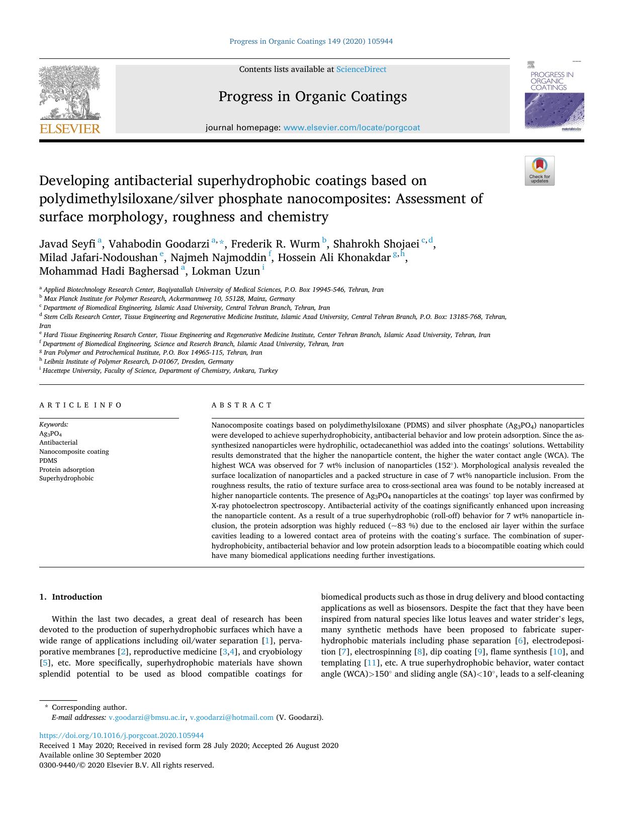 Developing antibacterial superhydrophobic coatings based on polydimethylsiloxanesilver phosphate nanocomposites: Assessment of surface morphology, roughness and chemistry by Javad Seyfi