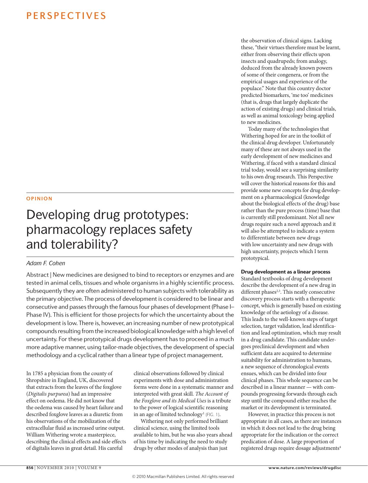 Developing drug prototypes: pharmacology replaces safety and tolerability? by Adam F. Cohen