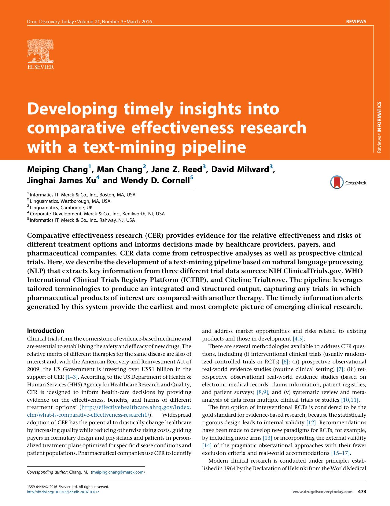 Developing timely insights into comparative effectiveness research with a text-mining pipeline by Meiping Chang & Man Chang & Jane Z. Reed & David Milward & Jinghai James Xu & Wendy D. Cornell