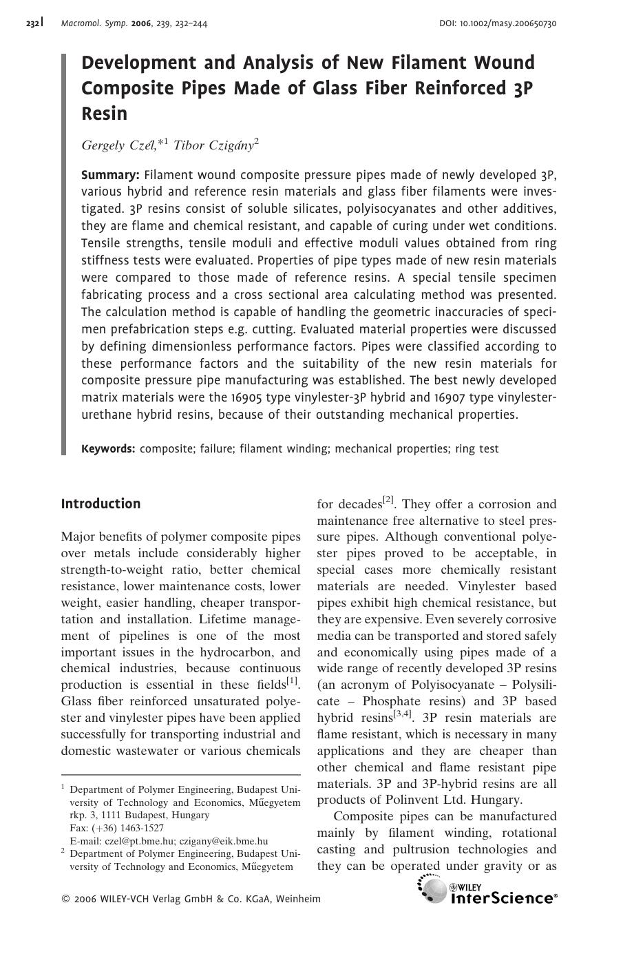Development and Analysis of New Filament Wound Composite Pipes Made of Glass Fiber Reinforced 3P Resin by Unknown