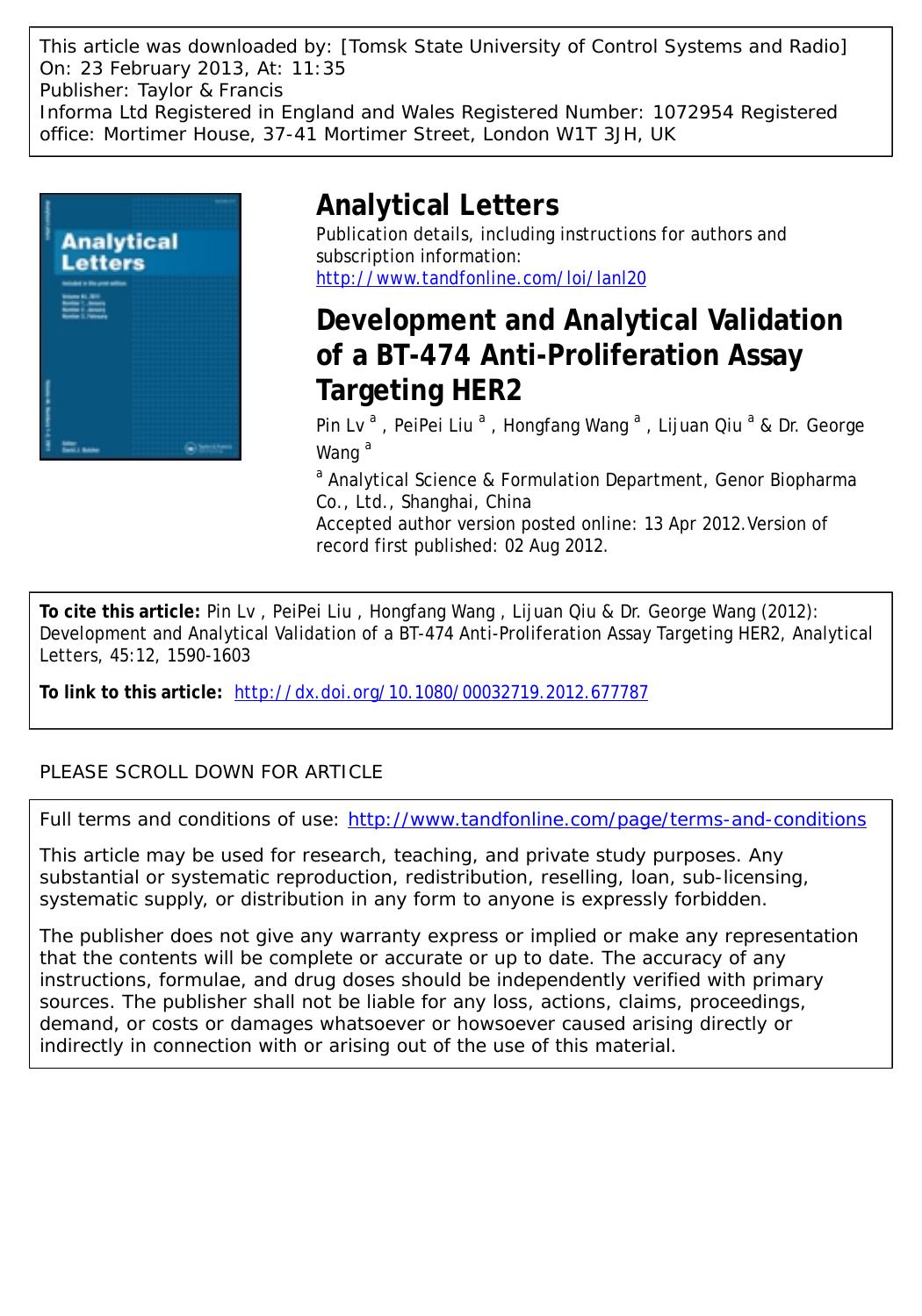 Development and Analytical Validation of a BT-474 Anti-Proliferation Assay Targeting HER2 by Pin Lv PeiPei Liu Hongfang Wang Lijuan Qiu & Dr. George Wang
