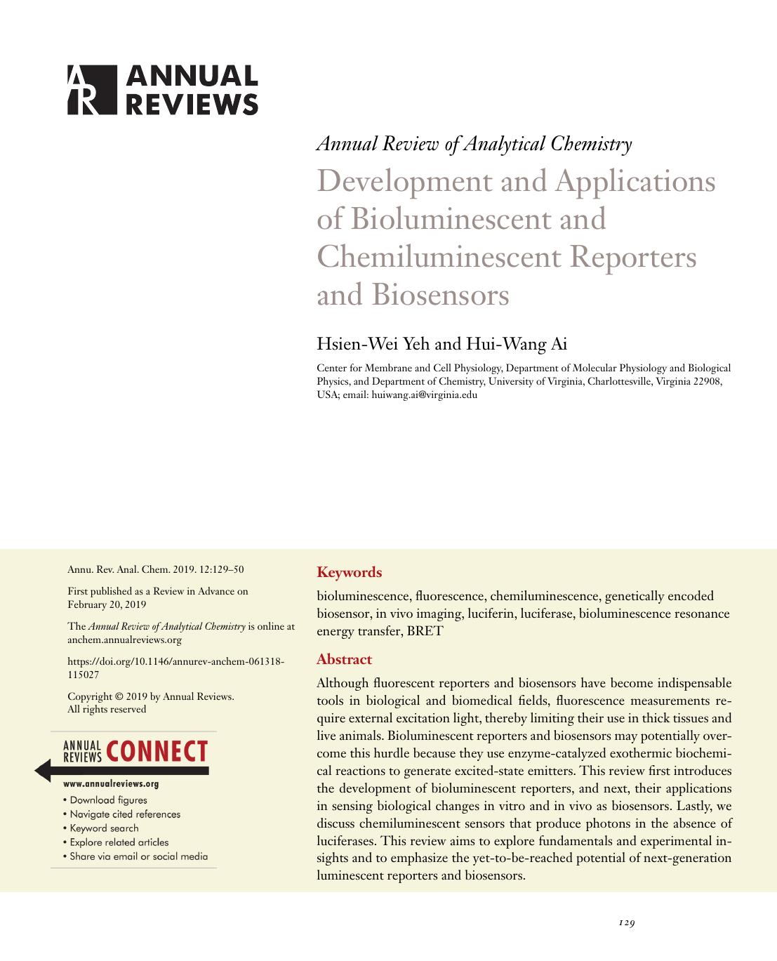 Development and Applications of Bioluminescent and Chemiluminescent Reporters and Biosensors by Hsien-Wei Yeh and Hui-Wang Ai