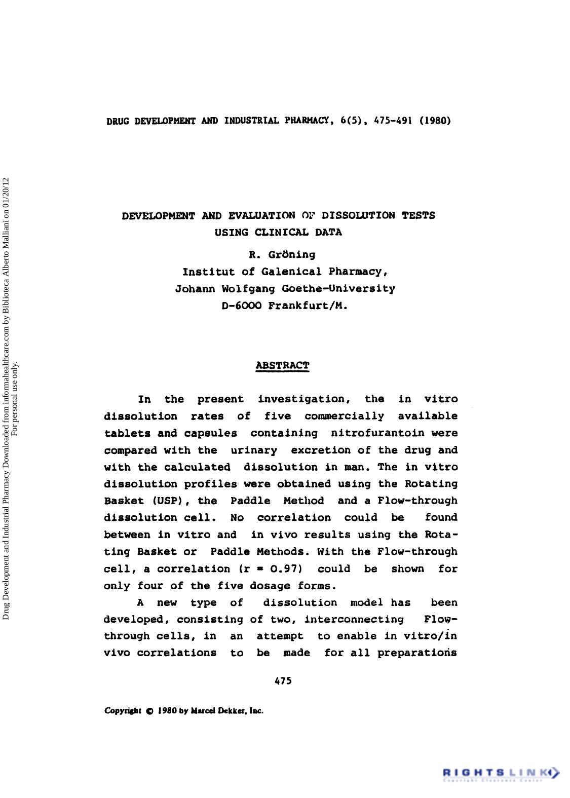 Development and Evaluation Op Dissolution Tests using Clinical Data by R. Gröning