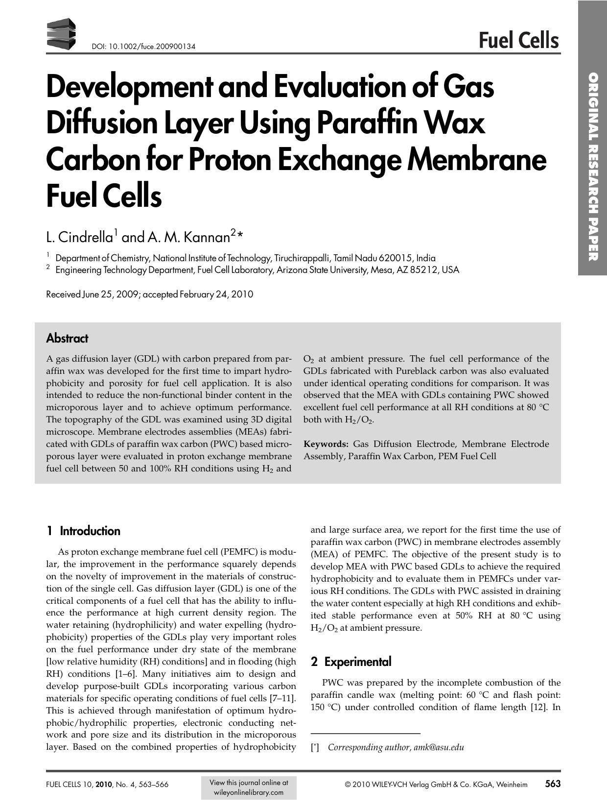 Development and Evaluation of Gas Diffusion Layer Using Paraffin Wax Carbon for Proton Exchange Membrane Fuel Cells by Unknown