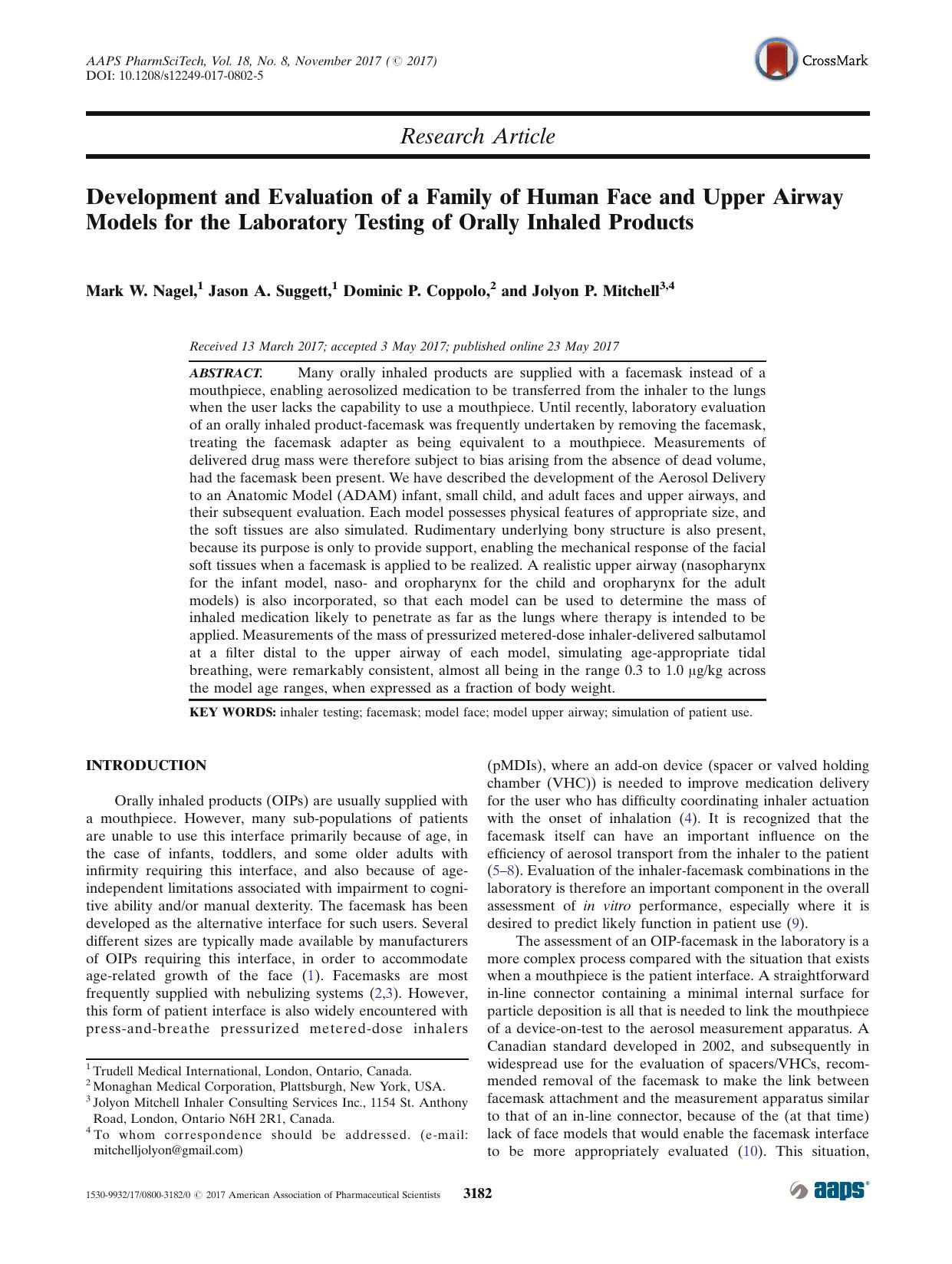 Development and Evaluation of a Family of Human Face and Upper Airway Models for the Laboratory Testing of Orally Inhaled Products by Mark W. Nagel