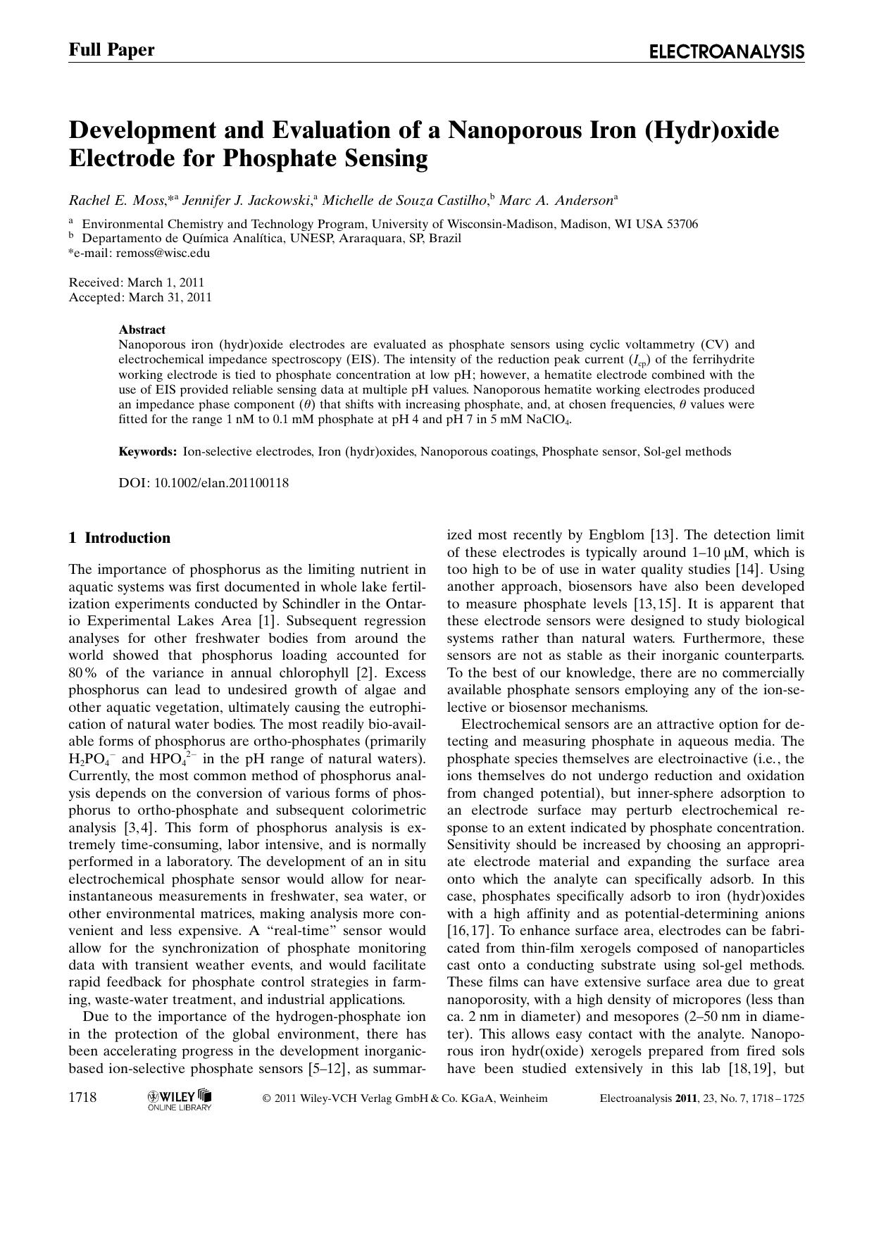 Development and Evaluation of a Nanoporous Iron (Hydr)oxide Electrode for Phosphate Sensing by Unknown