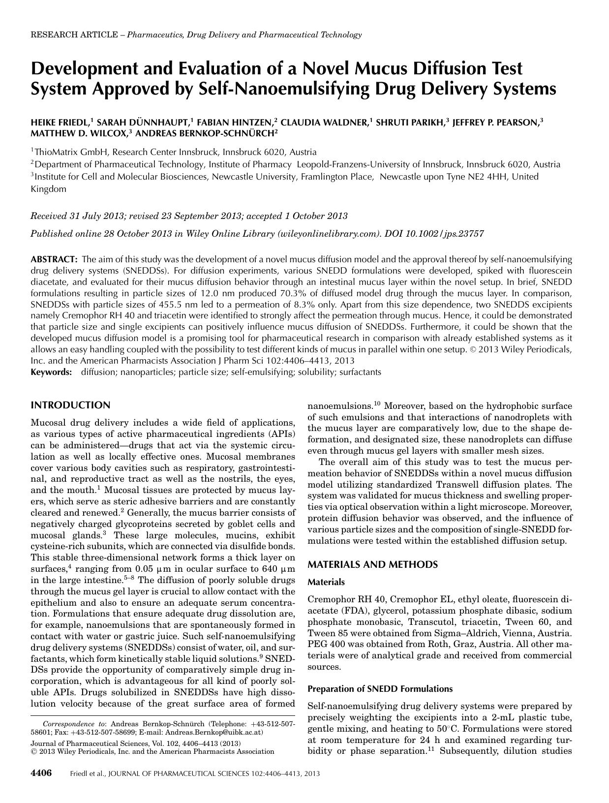 Development and Evaluation of a Novel Mucus Diffusion Test System Approved by SelfNanoemulsifying Drug Delivery Systems by Unknown