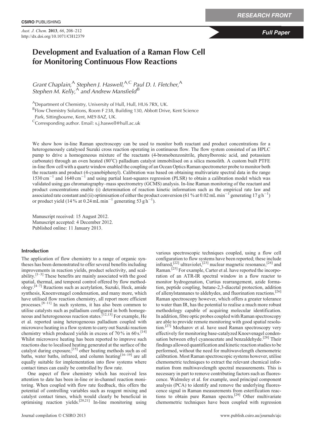 Development and Evaluation of a Raman Flow Cell for Monitoring Continuous Flow Reactions by G. Chaplain et al