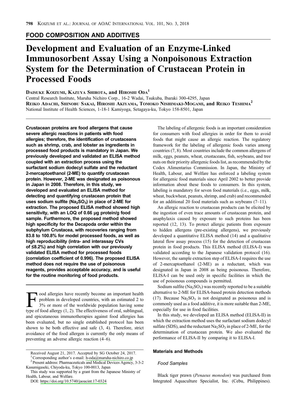 Development and Evaluation of an Enzyme-Linked Immunosorbent Assay Using a Nonpoisonous Extraction System for the Determination of Crustacean Protein in Processed Foods by unknow