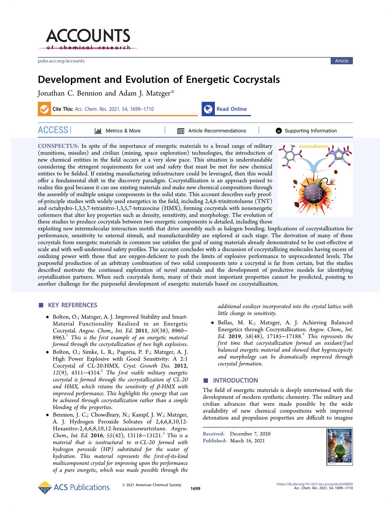 Development and Evolution of Energetic Cocrystals by Jonathan C. Bennion and Adam J. Matzger