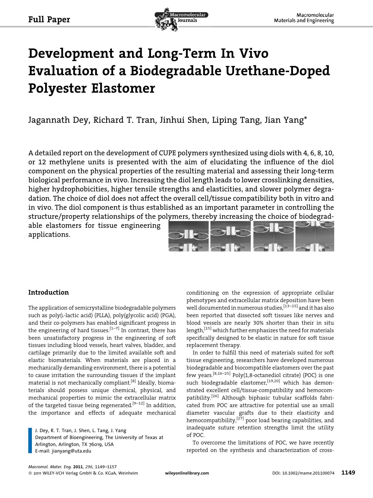 Development and LongTerm In Vivo Evaluation of a Biodegradable UrethaneDoped Polyester Elastomer by Unknown