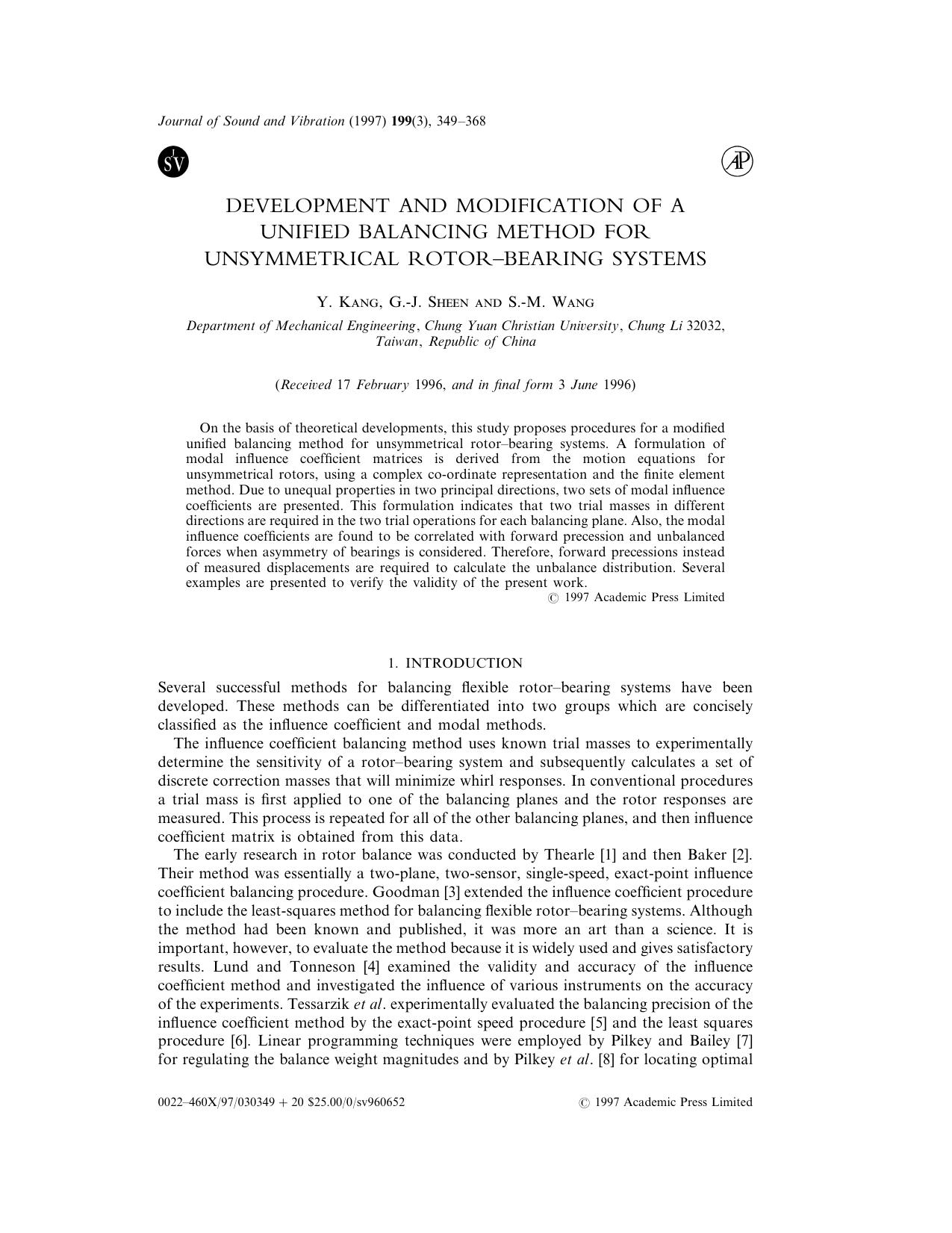 Development and Modification of a Unified Balancing Method for Unsymmetrical Rotor-Bearing Systems by Kang Y. et al