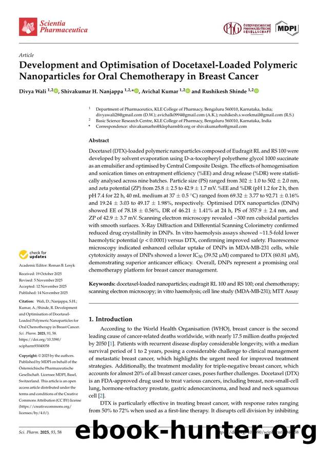 Development and Optimisation of Docetaxel-Loaded Polymeric Nanoparticles for Oral Chemotherapy in Breast Cancer by Divya Wali Shivakumar H. Nanjappa Avichal Kumar & Rushikesh Shinde