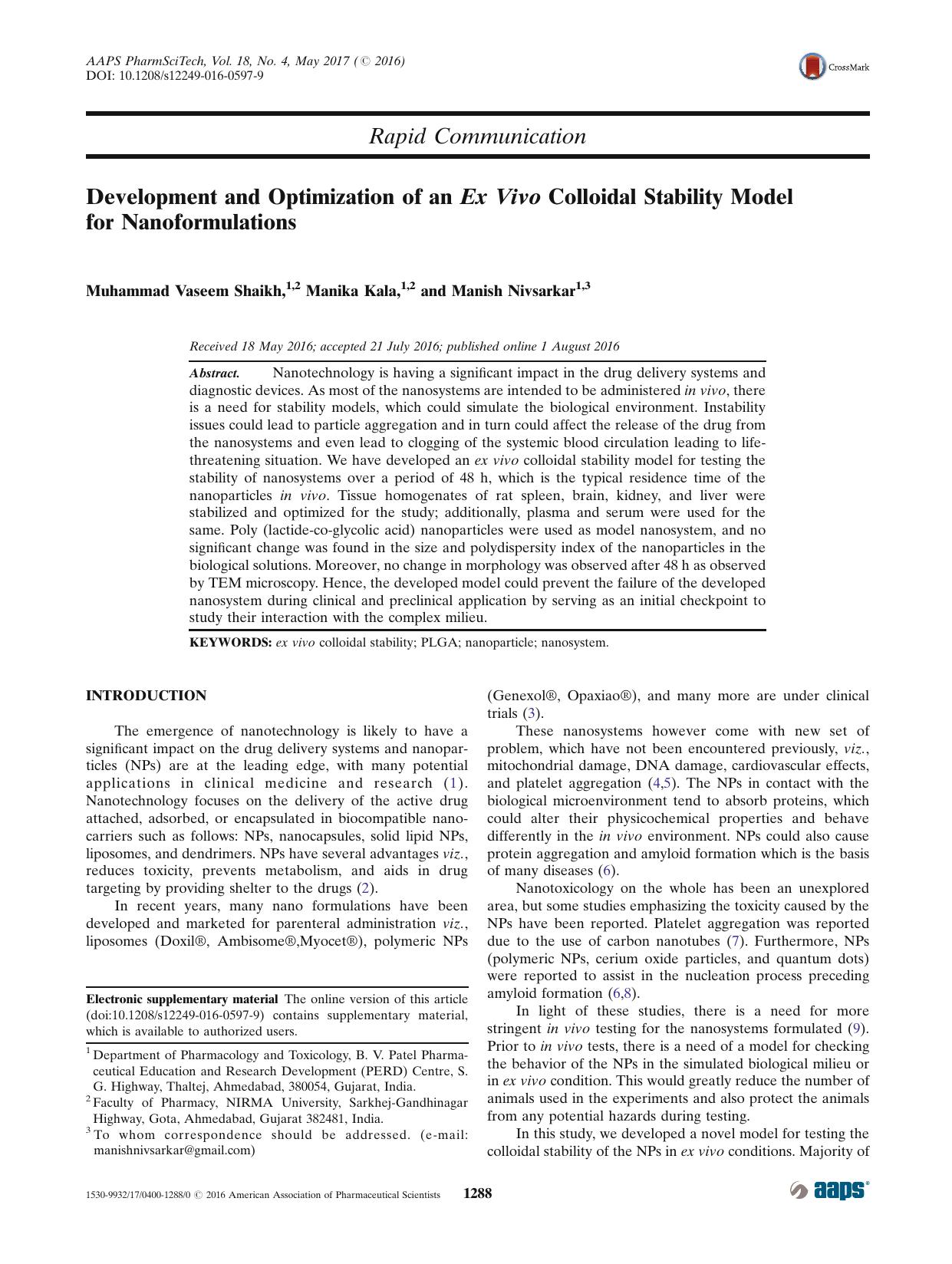 Development and Optimization of an Ex Vivo Colloidal Stability Model for Nanoformulations by Muhammad Vaseem Shaikh & Manika Kala & Manish Nivsarkar