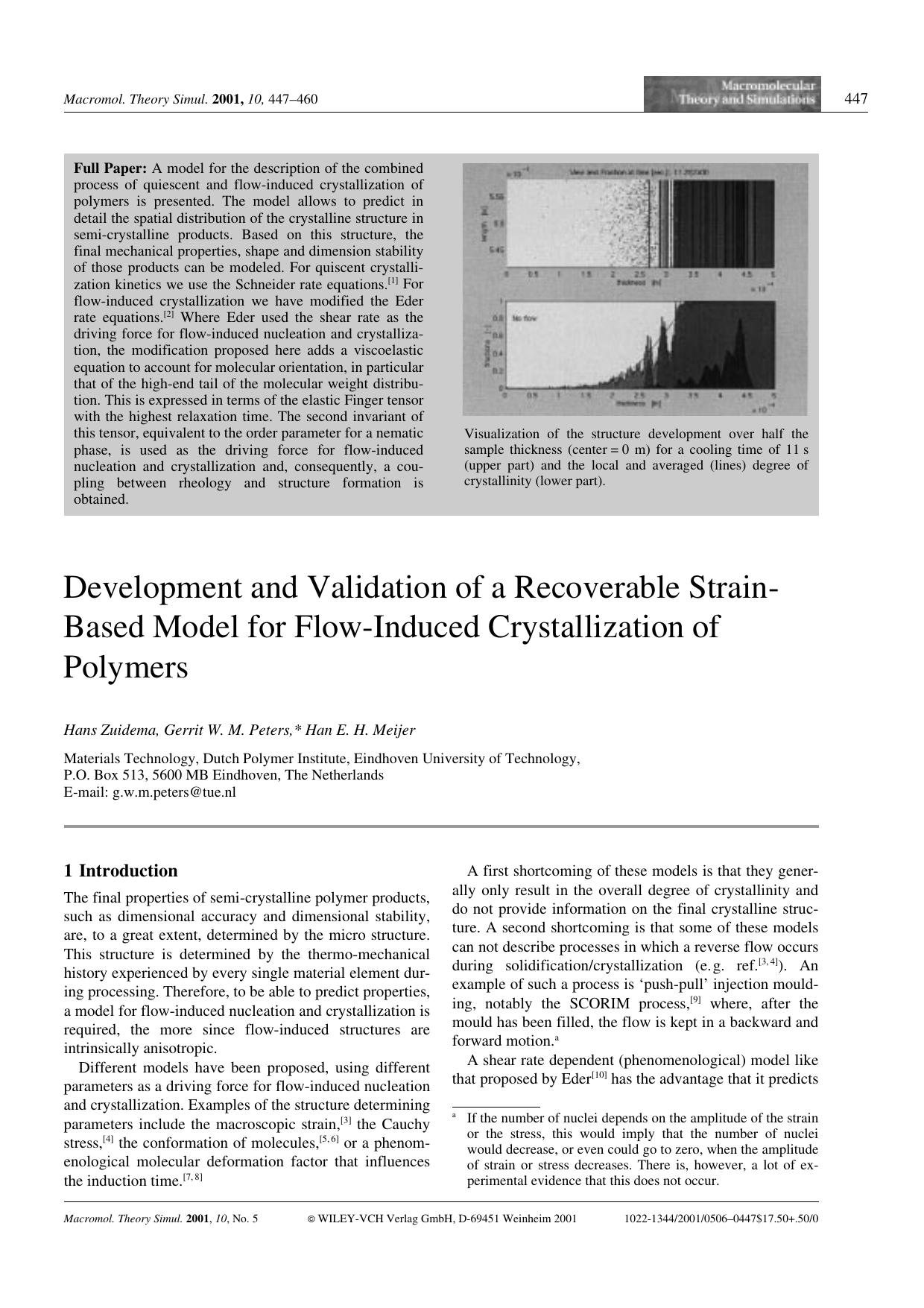 Development and Validation of a Recoverable Strain-Based Model for Flow-Induced Crystallization of Polymers by Unknown