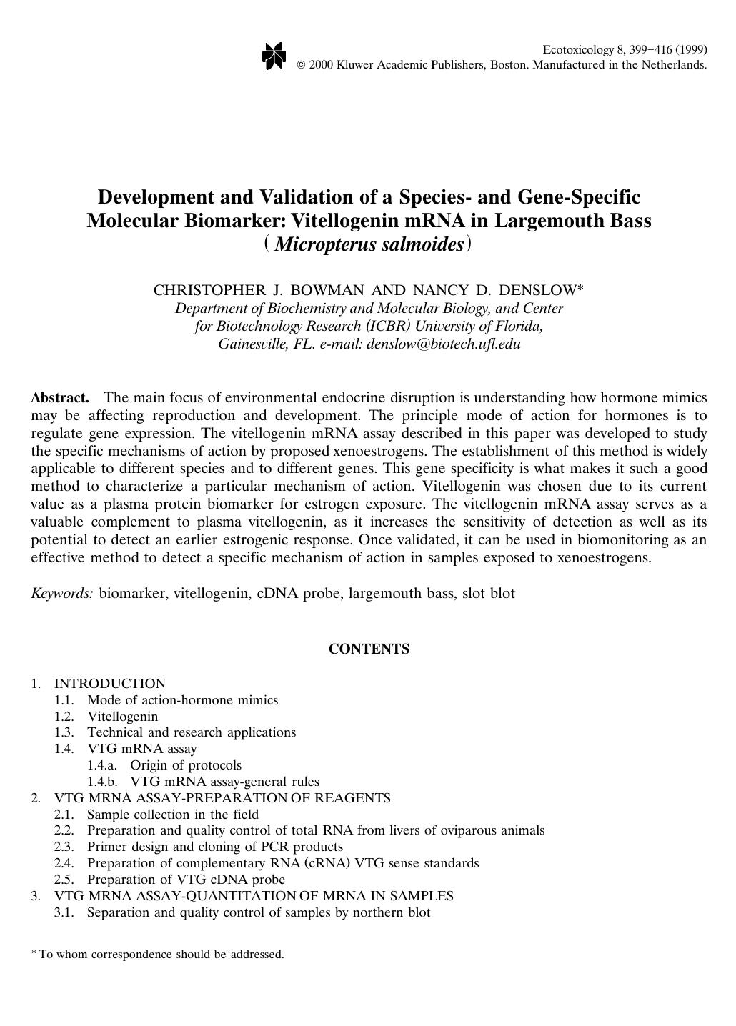 Development and Validation of a Species- and Gene-Specific Molecular Biomarker: Vitellogenin mRNA in Largemouth Bass (Micropterus salmoides) by Unknown