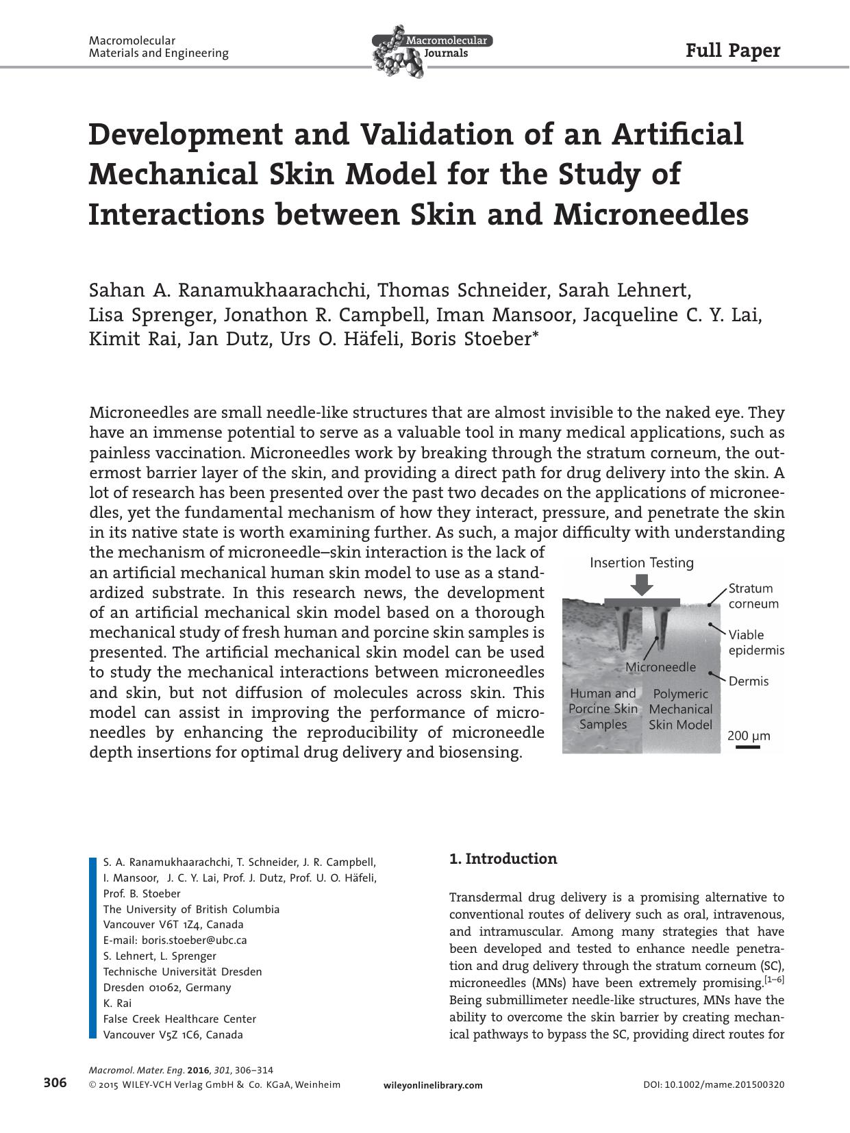 Development and Validation of an Artificial Mechanical Skin Model for the Study of Interactions between Skin and Microneedles by Unknown