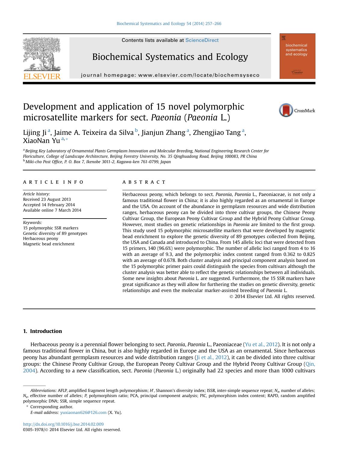 Development and application of 15 novel polymorphic microsatellite markers for sect. Paeonia (Paeonia L.) by Lijing Ji & Jaime A. Teixeira da Silva & Jianjun Zhang & Zhengjiao Tang & XiaoNan Yu