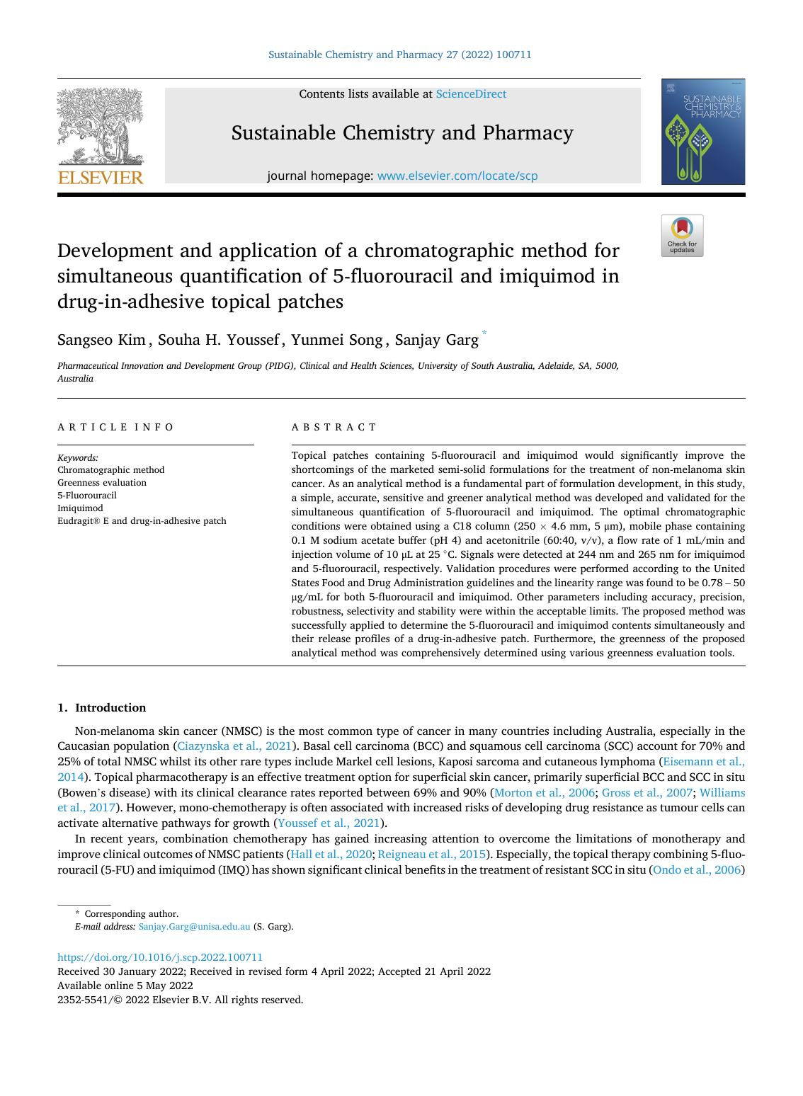 Development and application of a chromatographic method for simultaneous quantification of 5-fluorouracil and imiquimod in drug-in-adhesive topical patches by Sangseo Kim & Souha H. Youssef & Yunmei Song & Sanjay Garg