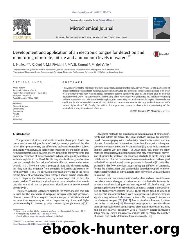 Development and application of an electronic tongue for detection and monitoring of nitrate, nitrite and ammonium levels in waters by L. Nuñez & X. Cetó & M.I. Pividori & M.V.B. Zanoni & M. del Valle