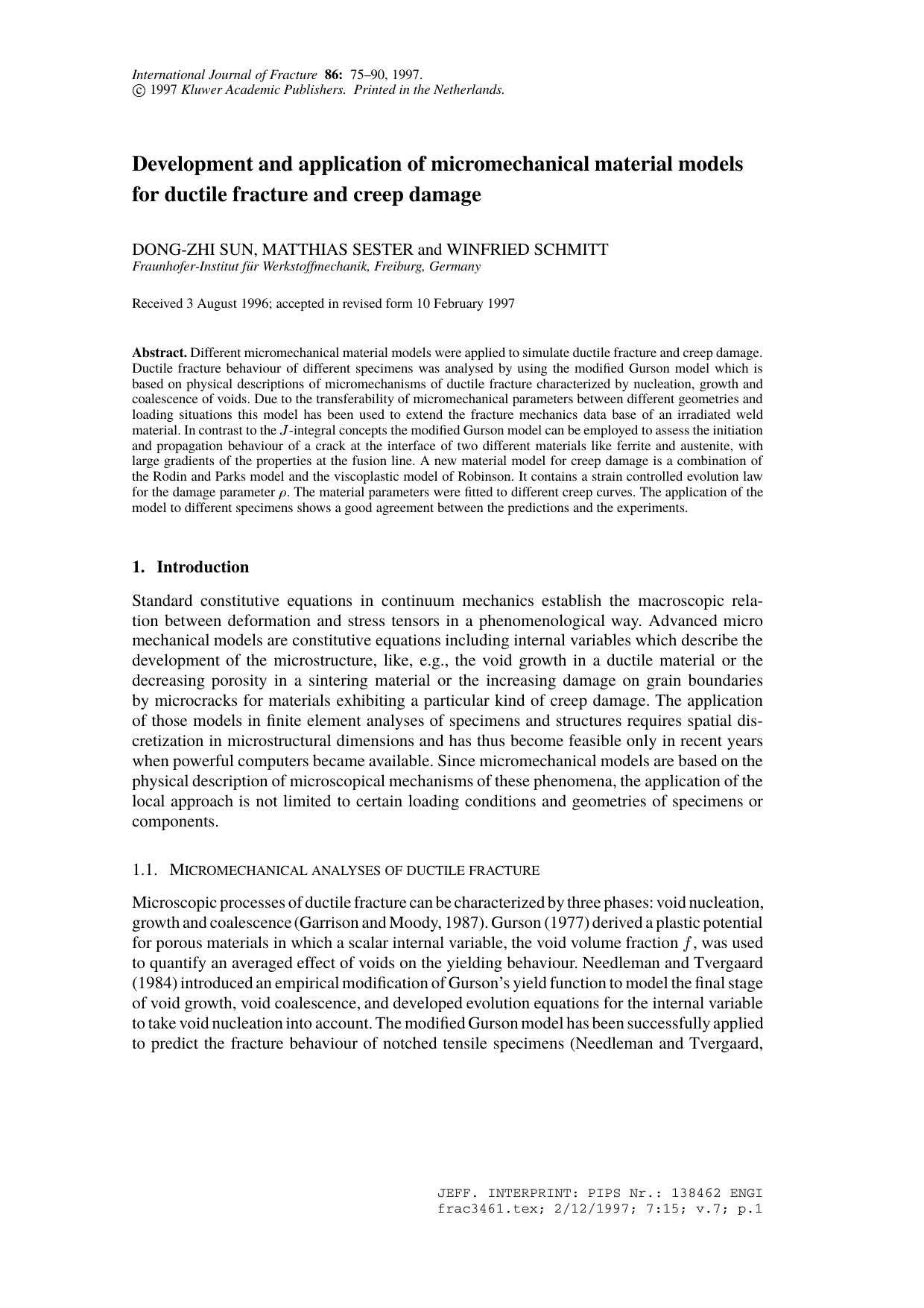 Development and application of micromechanical material models for ductile fracture and creep damage by Unknown