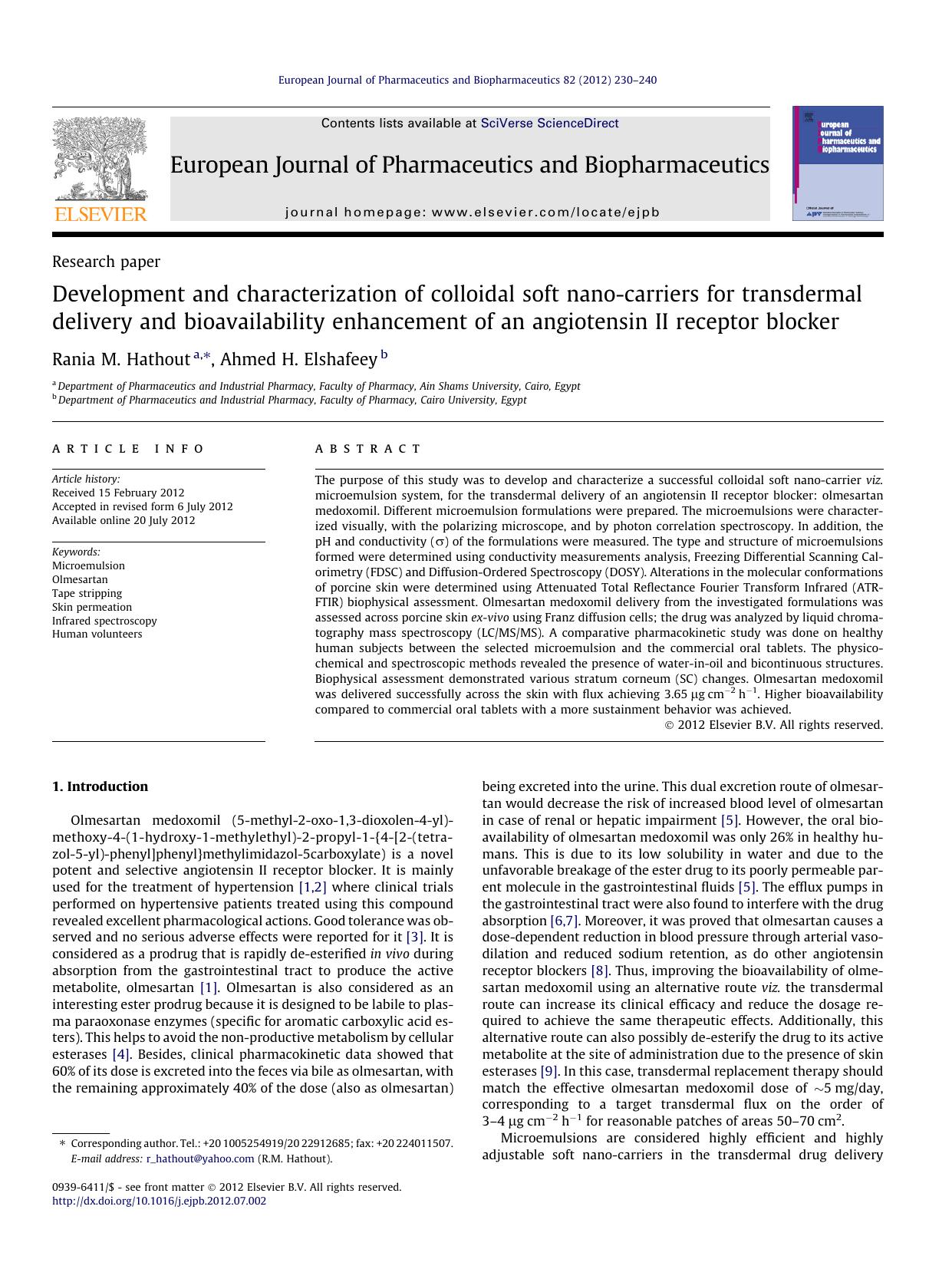Development and characterization of colloidal soft nano-carriers for transdermal delivery and bioavailability enhancement of an angiotensin II receptor blocker by Rania M. Hathout & Ahmed H. Elshafeey