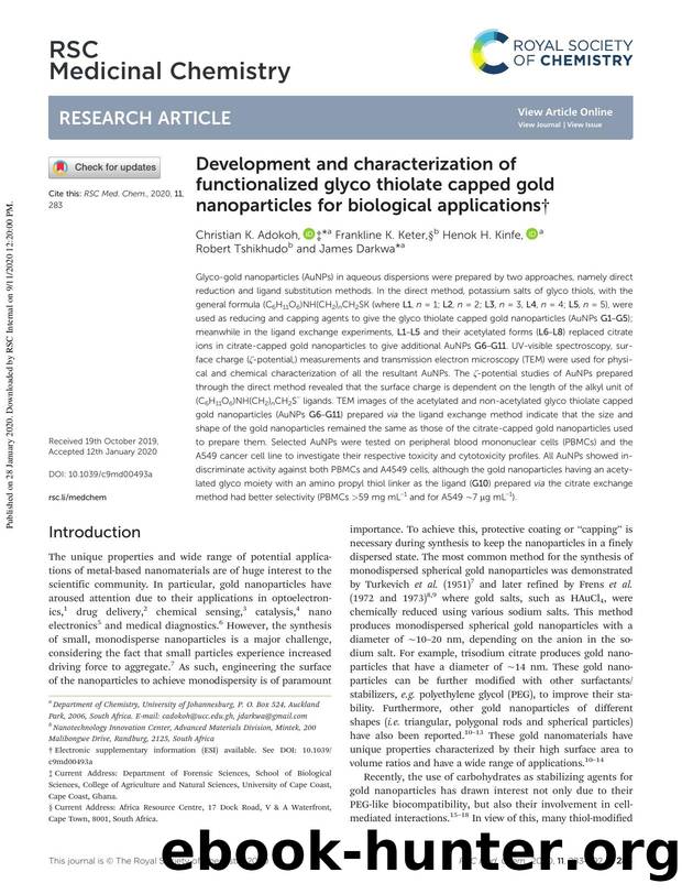 Development and characterization of functionalized glyco thiolate capped gold nanoparticles for biological applications by Christian K. Adokoh & Frankline K. Keter & Henok H. Kinfe & Robert Tshikhudo & James Darkwa