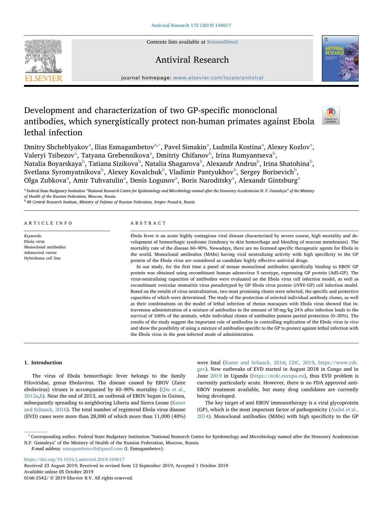 Development and characterization of two GP-specific monoclonal antibodies, which synergistically protect non-human primates against Ebola lethal infection by unknow