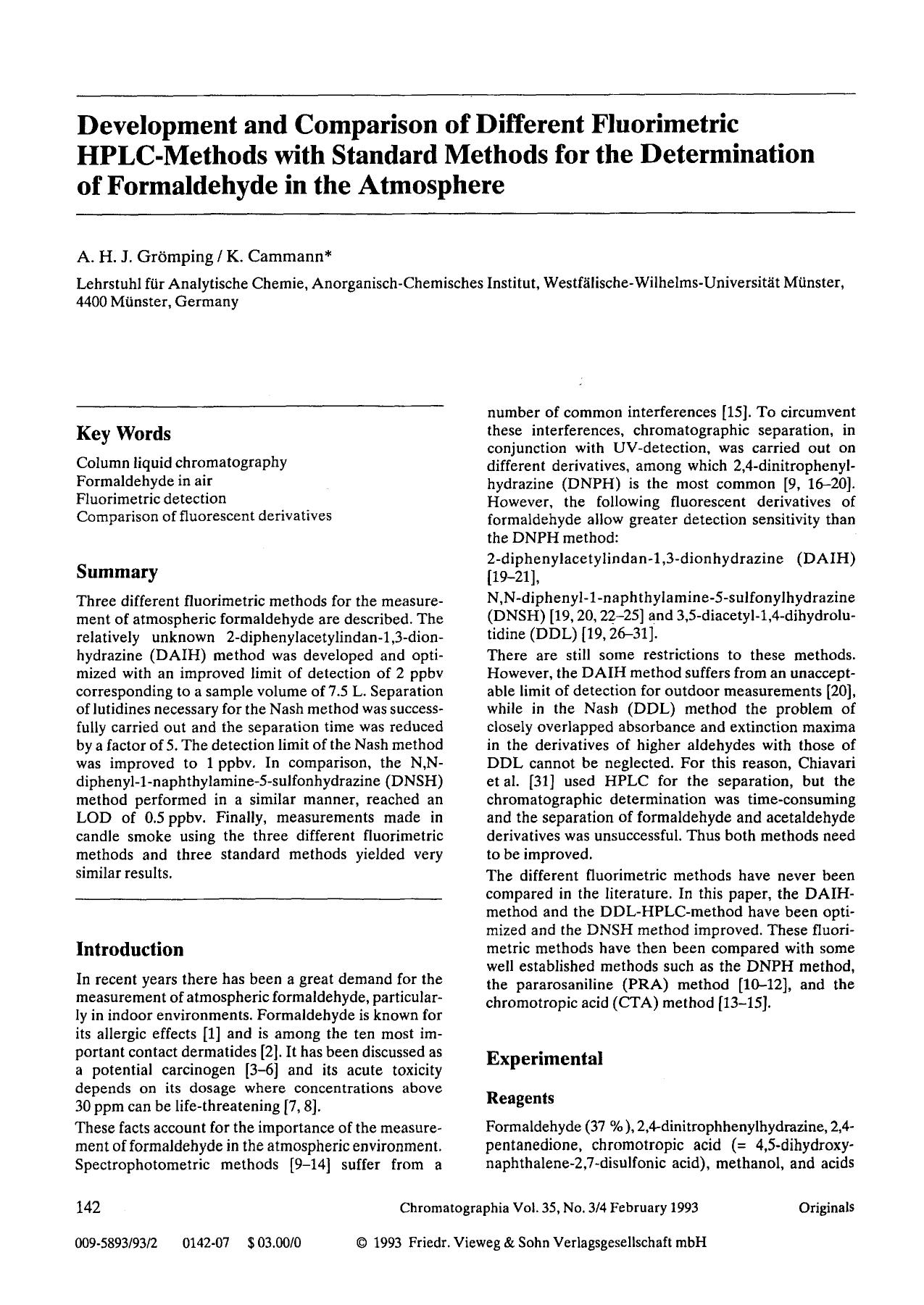 Development and comparison of different fluorimetric HPLC-methods with standard methods for the determination of formaldehyde in the atmosphere by Unknown