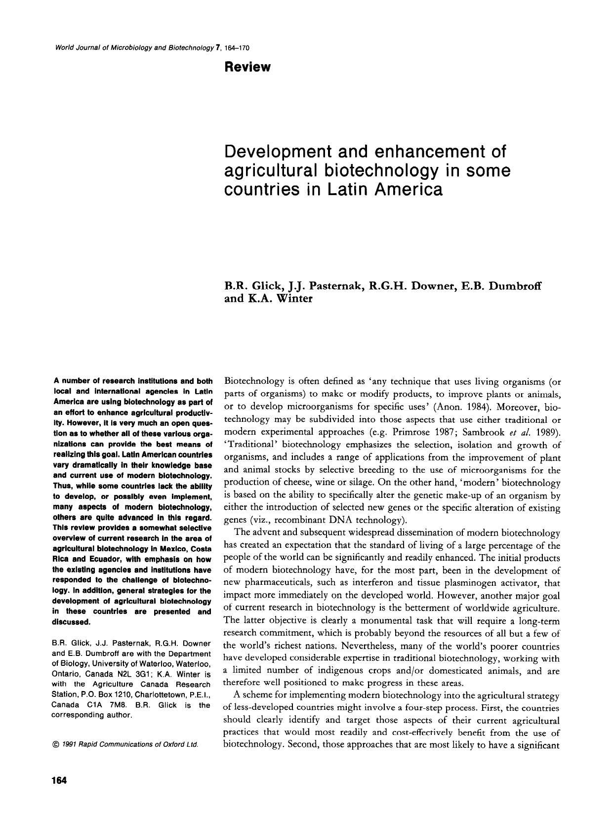Development and enhancement of agricultural biotechnology in some countries in Latin America by Unknown