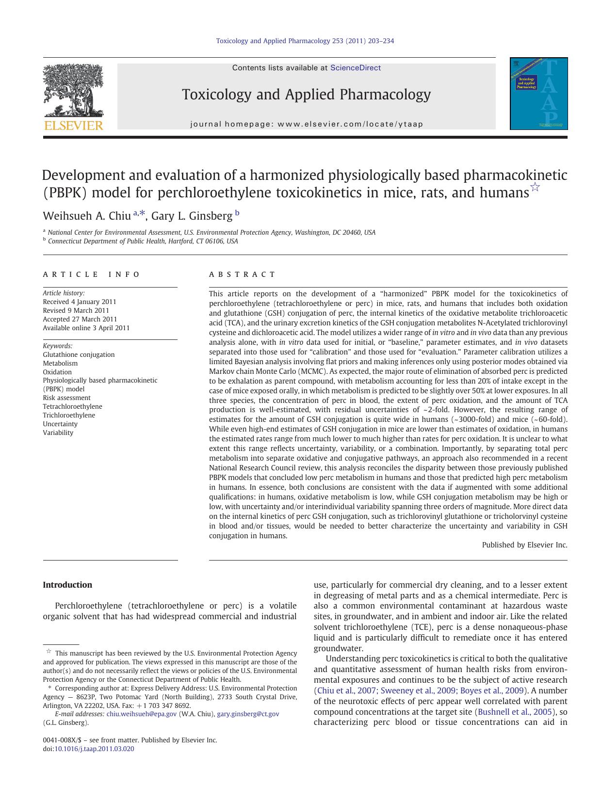 Development and evaluation of a harmonized physiologically based pharmacokinetic (PBPK) model for perchloroethylene toxicokinetics in mice, rats, and humans by Weihsueh A. Chiu