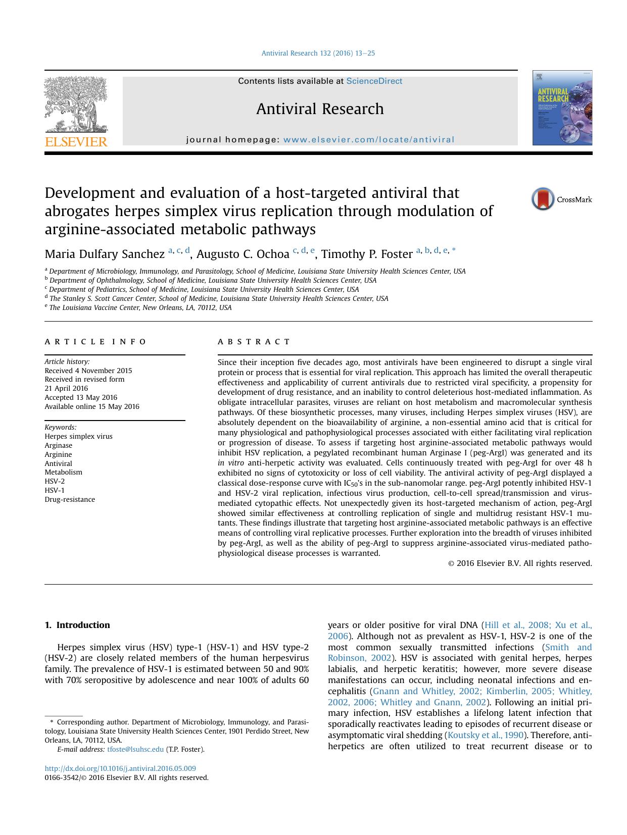 Development and evaluation of a host-targeted antiviral that abrogates herpes simplex virus replication through modulation of arginine-associated metabolic pathways by Maria Dulfary Sanchez & Augusto C. Ochoa & Timothy P. Foster