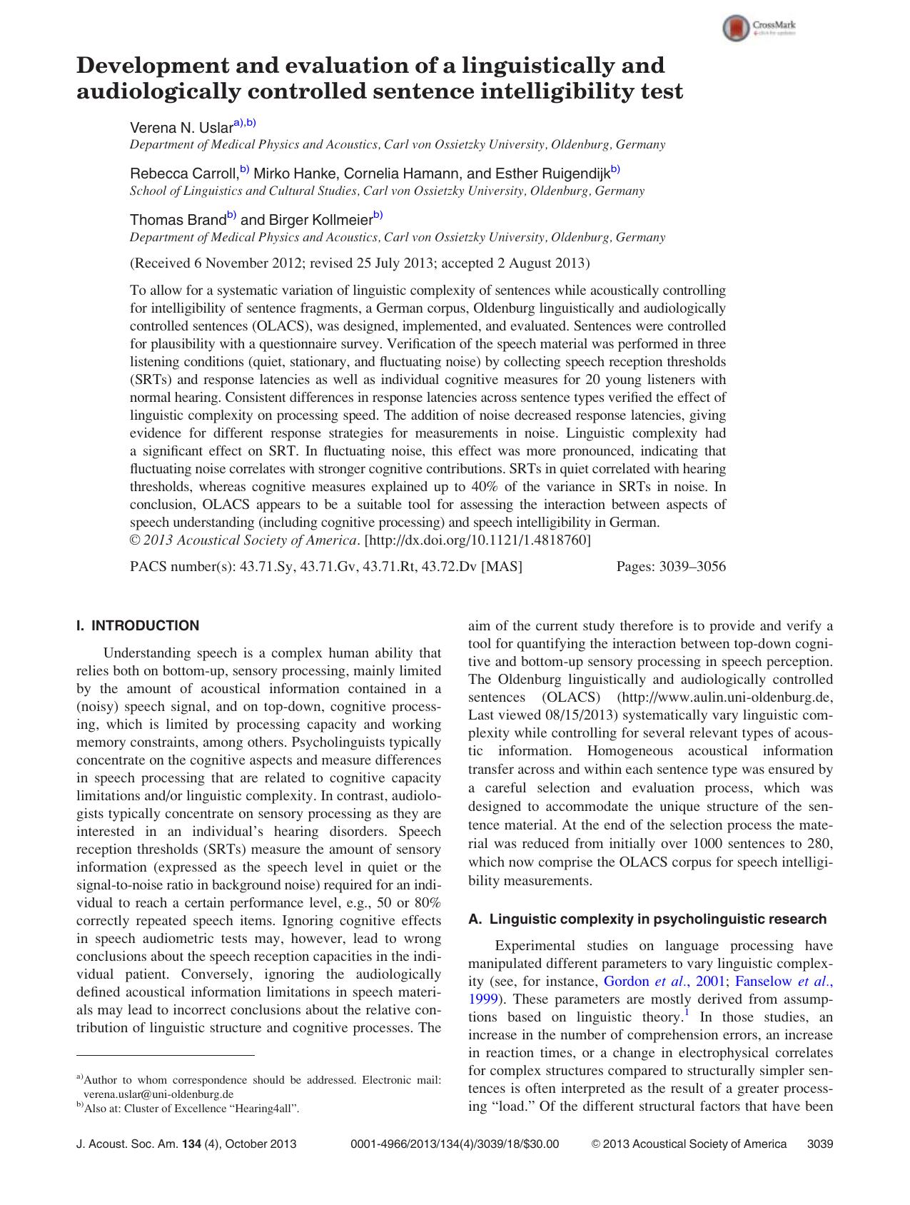 Development and evaluation of a linguistically and audiologically controlled sentence intelligibility test by unknow