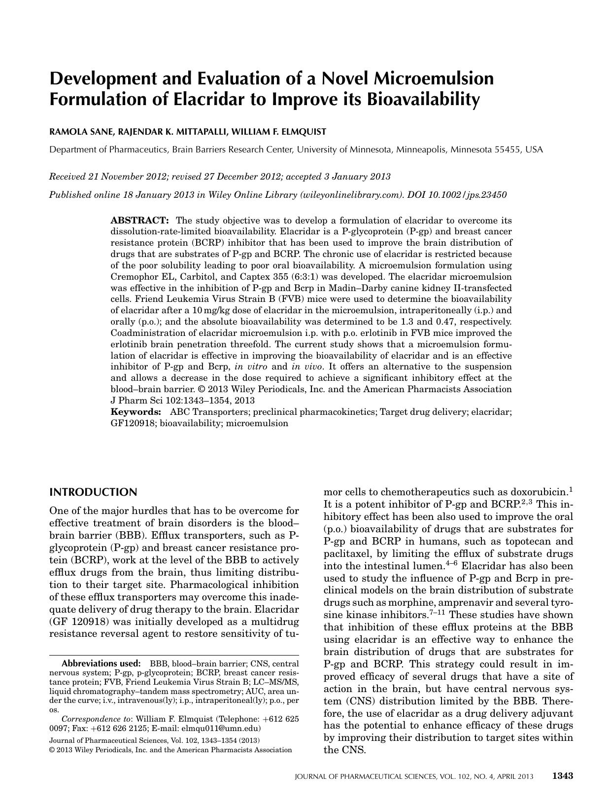 Development and evaluation of a novel microemulsion formulation of elacridar to improve its bioavailability by Unknown