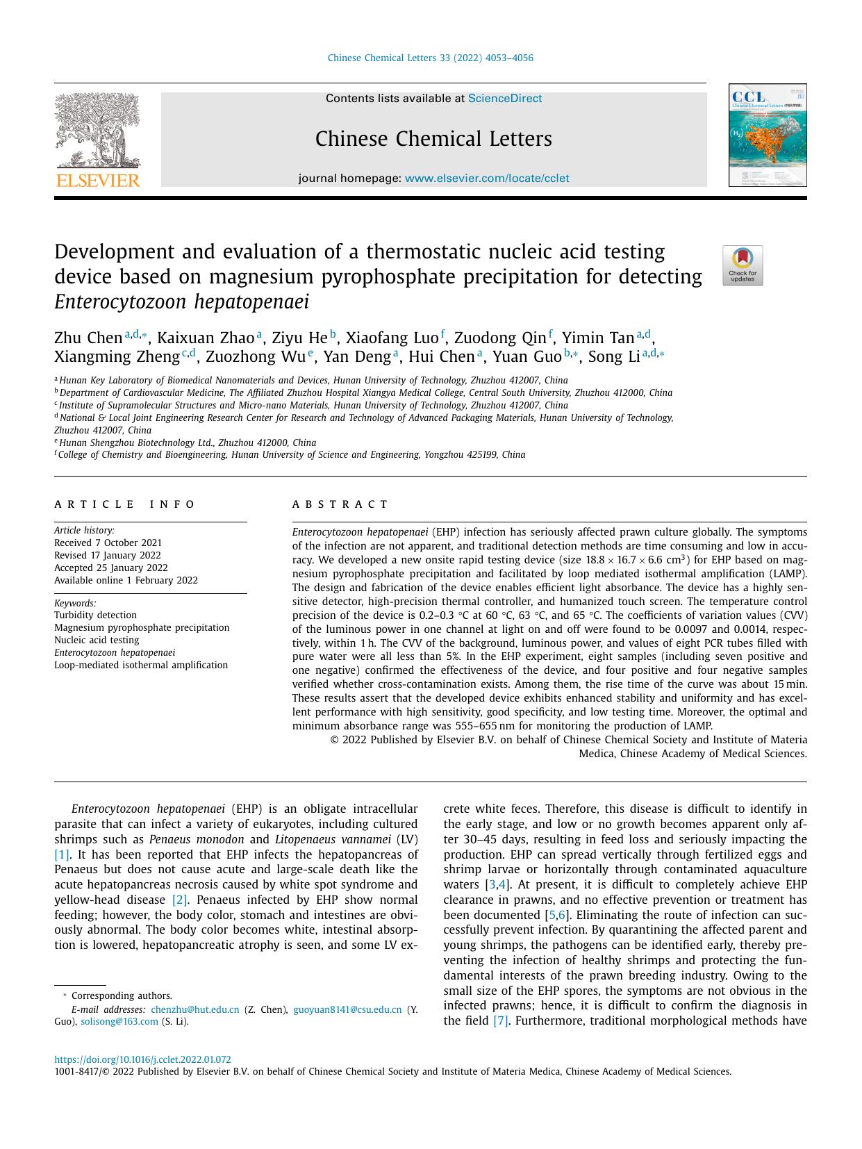 Development and evaluation of a thermostatic nucleic acid testing device based on magnesium pyrophosphate precipitation for detecting Enterocytozoon hepatopenaei by unknow