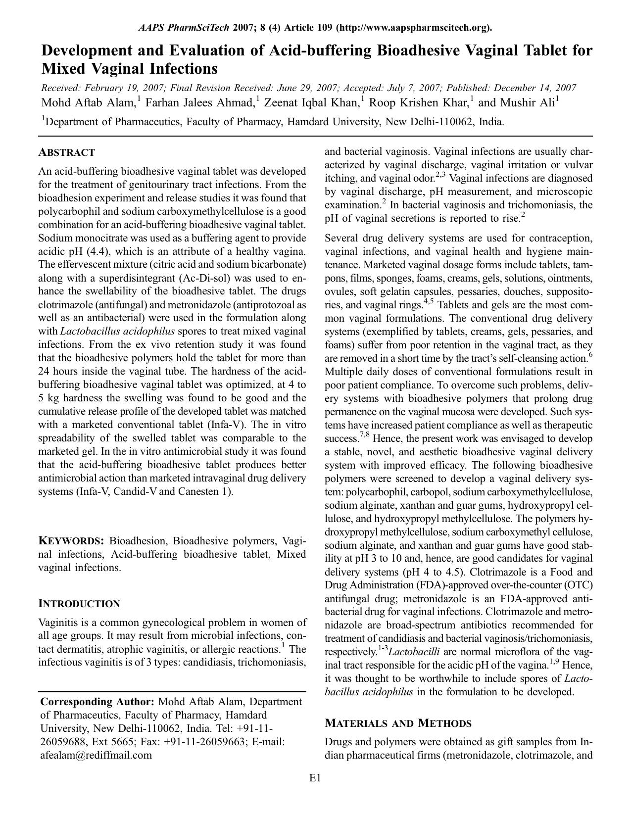 Development and evaluation of acid-buffering bioadhesive vaginal tablet for mixed vaginal infections by Unknown