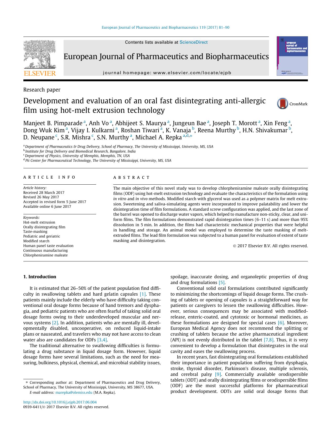 Development and evaluation of an oral fast disintegrating anti-allergic film using hot-melt extrusion technology by unknow