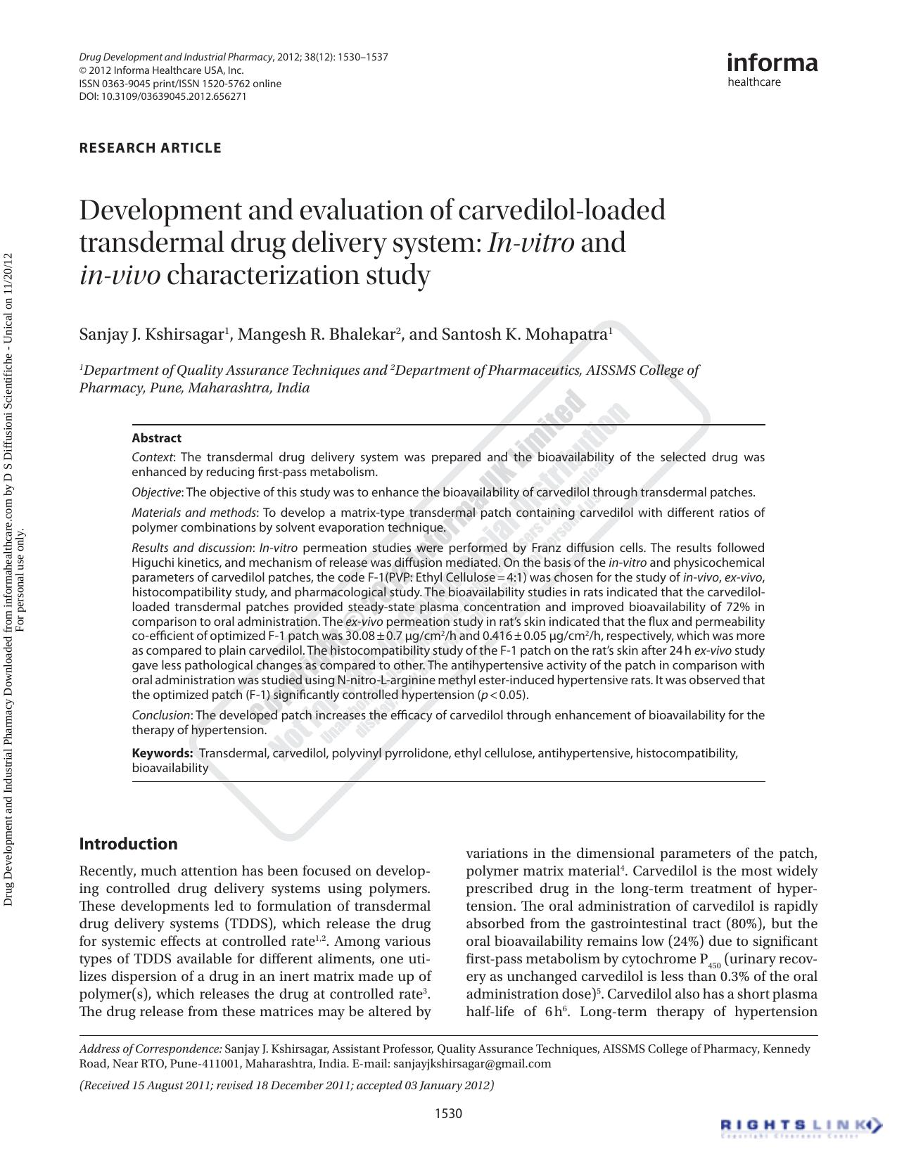 Development and evaluation of carvedilol-loaded transdermal drug delivery system: In-vitro and in-vivo characterization study by Sanjay J. Kshirsagar Mangesh R. Bhalekar & Santosh K. Mohapatra
