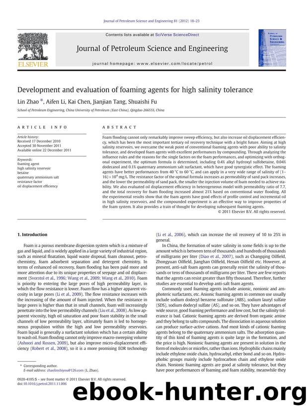 Development and evaluation of foaming agents for high salinity tolerance by Lin Zhao & Aifen Li & Kai Chen & Jianjian Tang & Shuaishi Fu