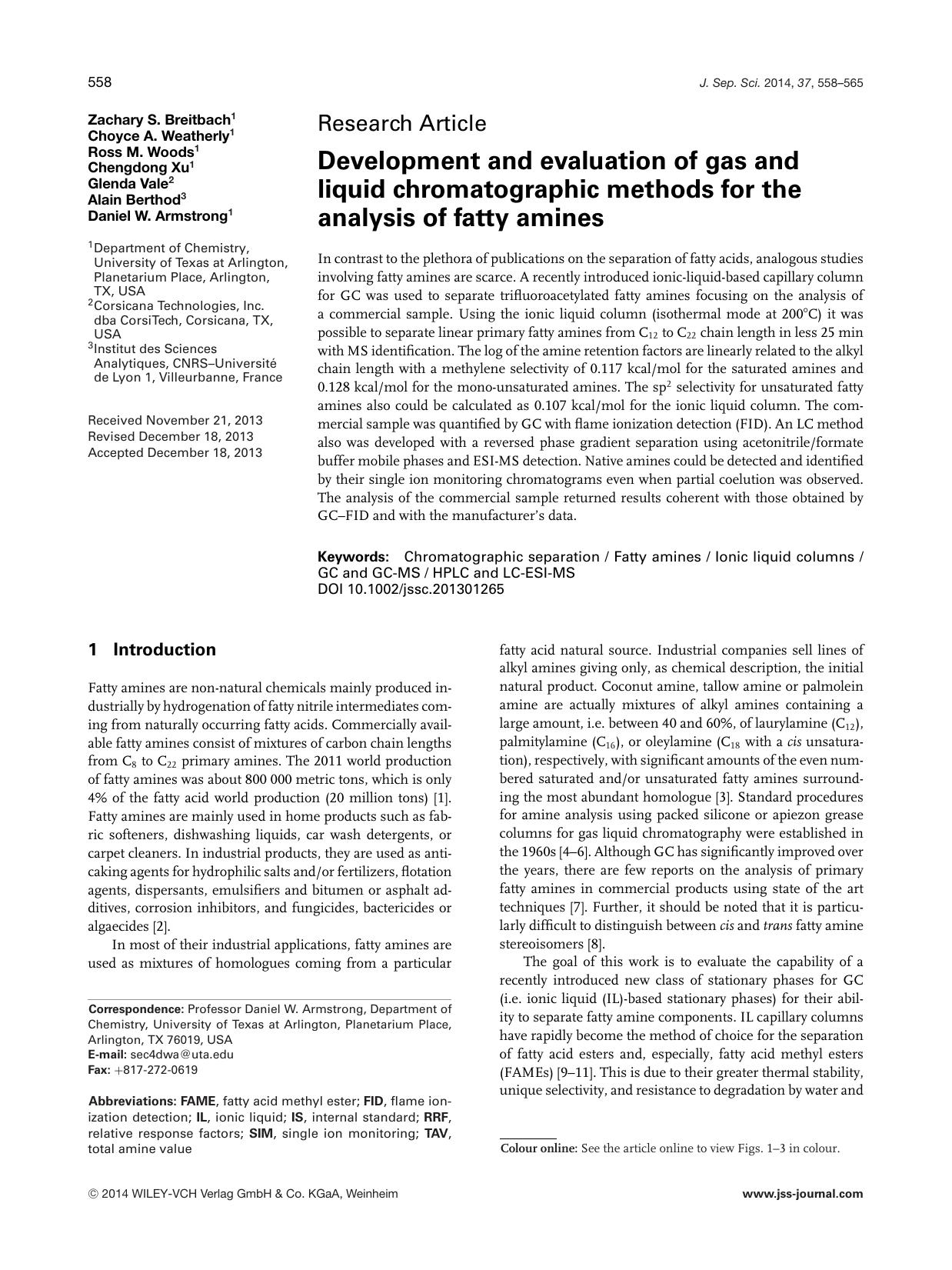 Development and evaluation of gas and liquid chromatographic methods for the analysis of fatty amines by Unknown