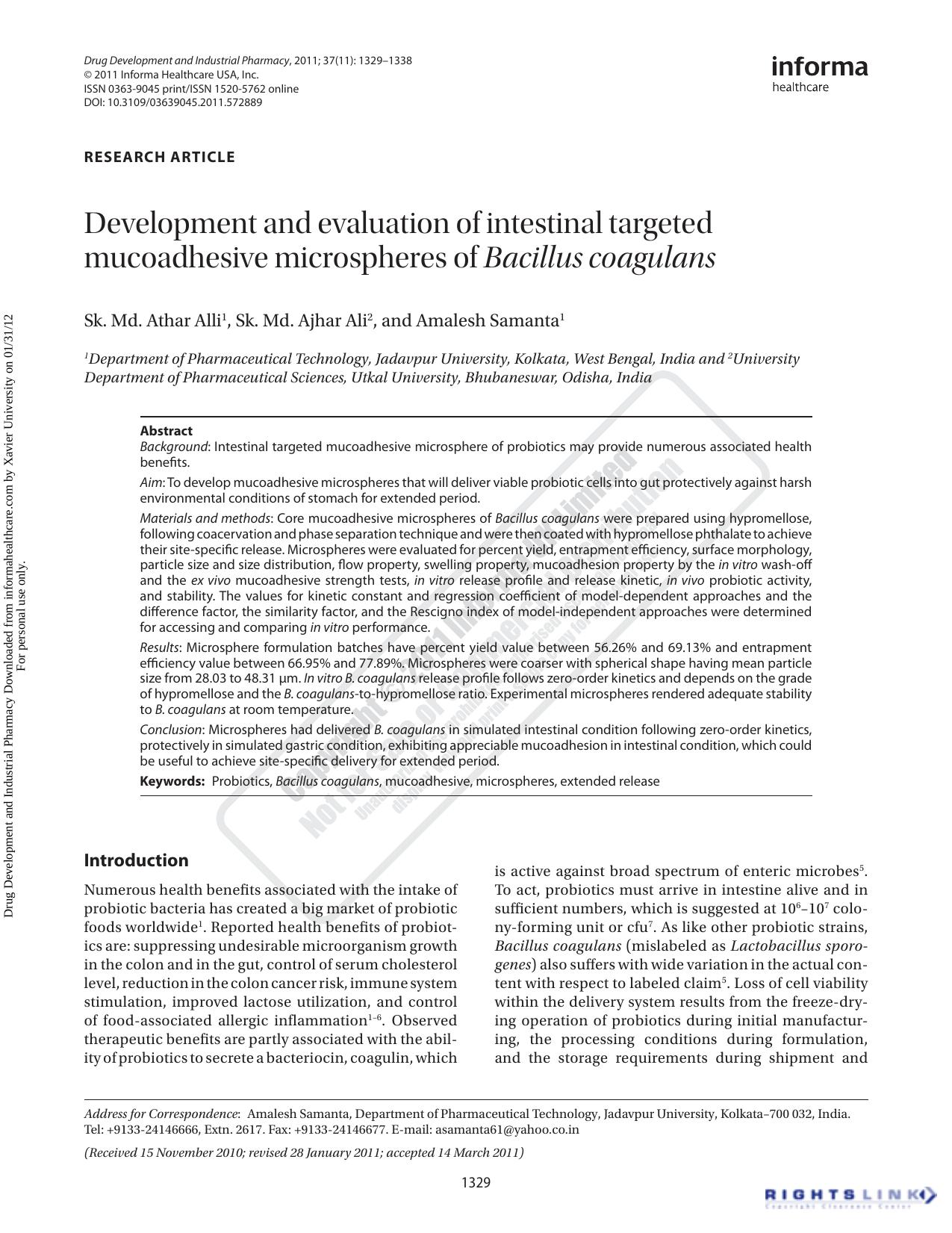 Development and evaluation of intestinal targeted mucoadhesive microspheres of Bacillus coagulans by Sk. Md. Athar Alli1 Sk. Md. Ajhar Ali2 Amalesh Samanta1asamanta61@yahoo.co.in