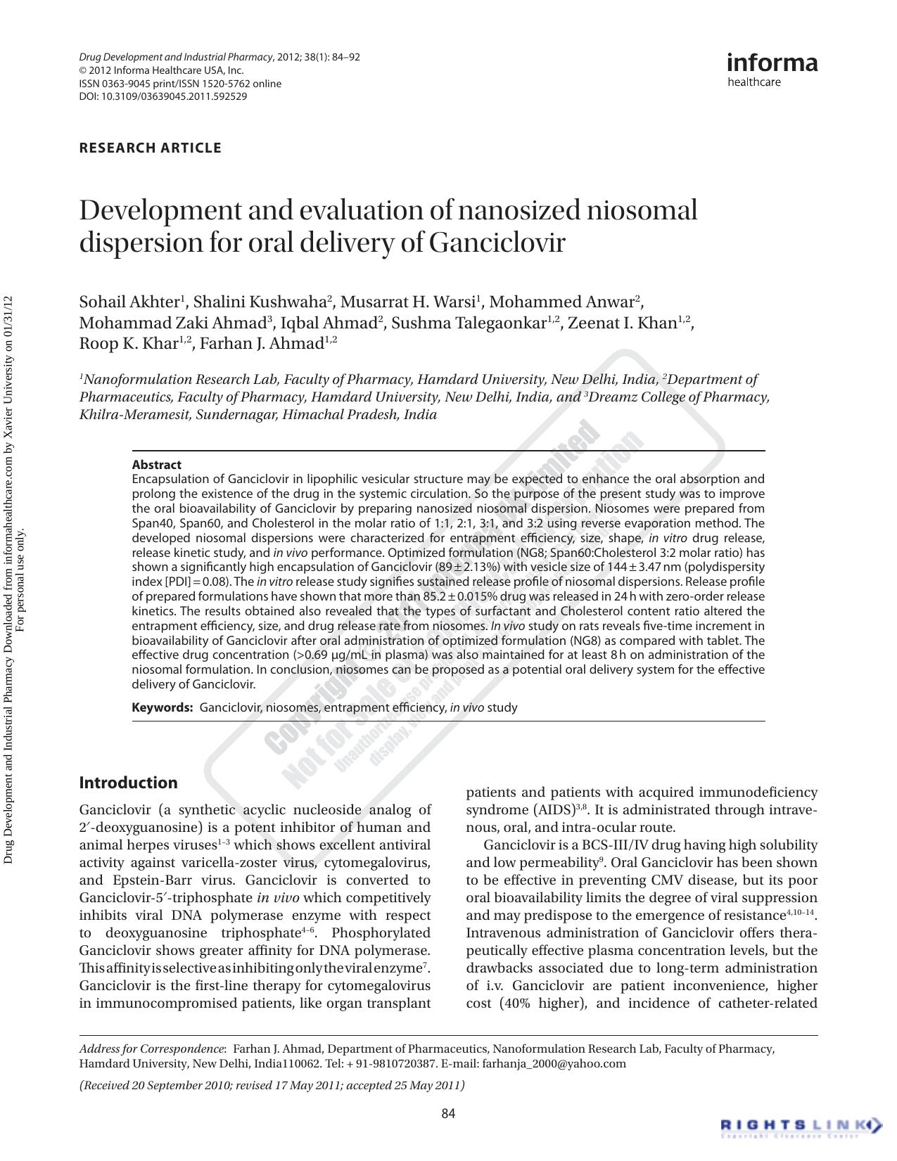 Development and evaluation of nanosized niosomal dispersion for oral delivery of Ganciclovir by unknow