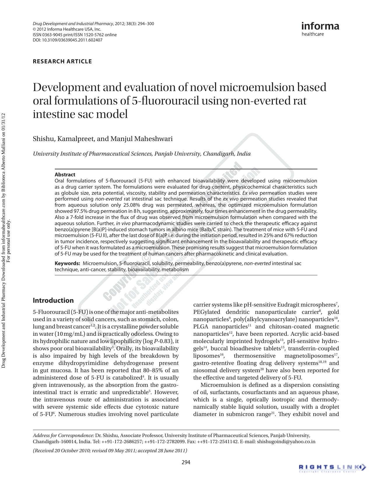Development and evaluation of novel microemulsion based oral formulations of 5-fluorouracil using non-everted rat intestine sac model by Shishushishugoindi@yahoo.co.in Kamalpreet Manjul Maheshwari