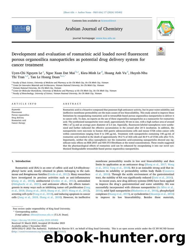 Development and evaluation of rosmarinic acid loaded novel fluorescent porous organosilica nanoparticles as potential drug delivery system for cancer treatment by Uyen-Chi Nguyen Le