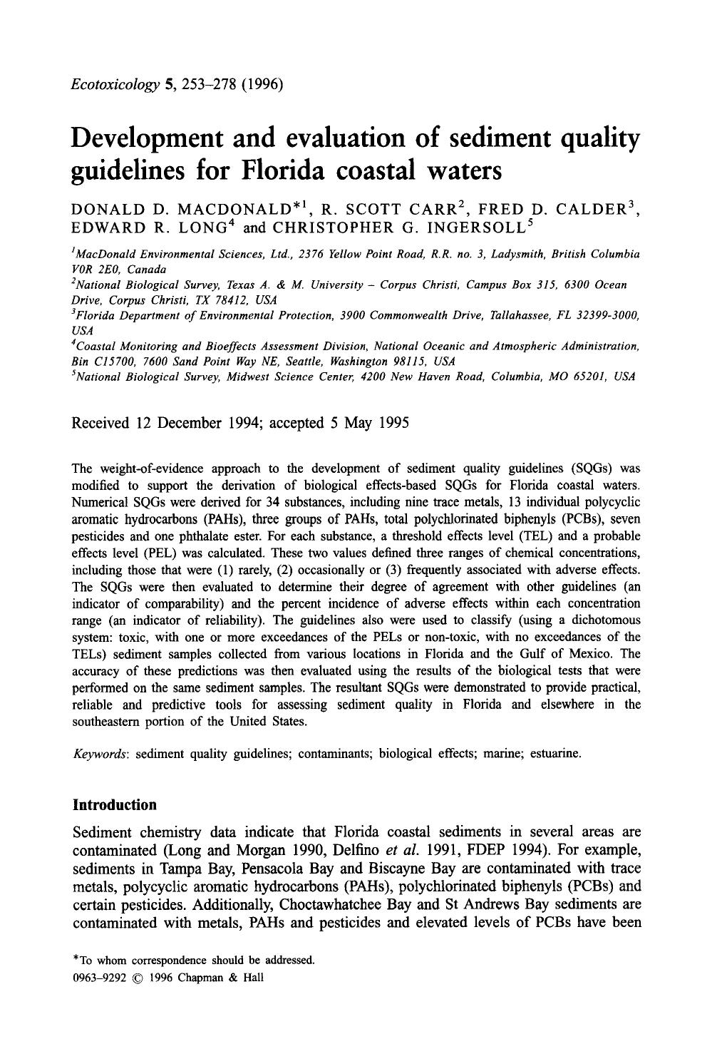 Development and evaluation of sediment quality guidelines for Florida coastal waters by Unknown