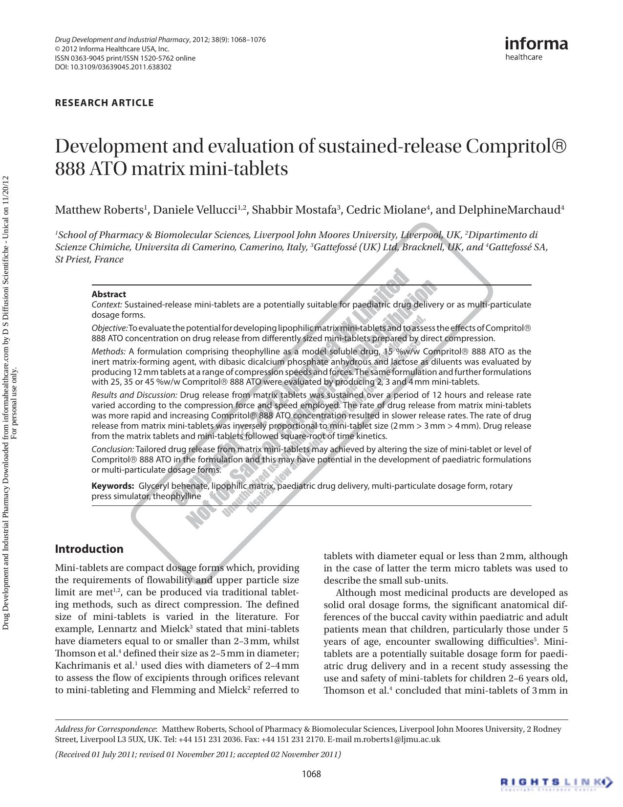 Development and evaluation of sustained-release CompritolÂ® 888 ATO matrix mini-tablets by Matthew Roberts Daniele Vellucci Shabbir Mostafa Cedric Miolane & Delphine Marchaud