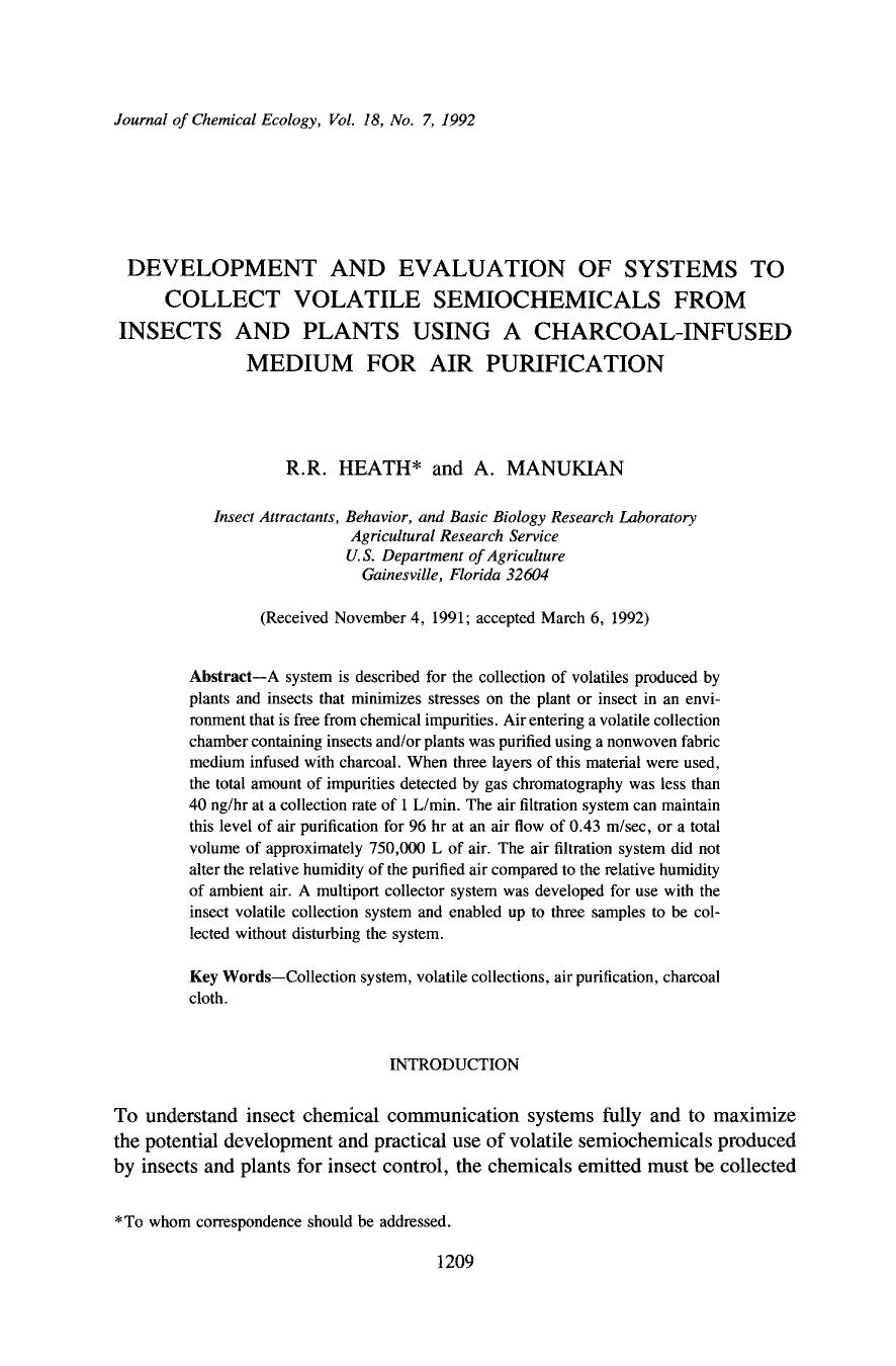 Development and evaluation of systems to collect volatile semiochemicals from insects and plants using a charcoal-infused medium for air purification by Unknown